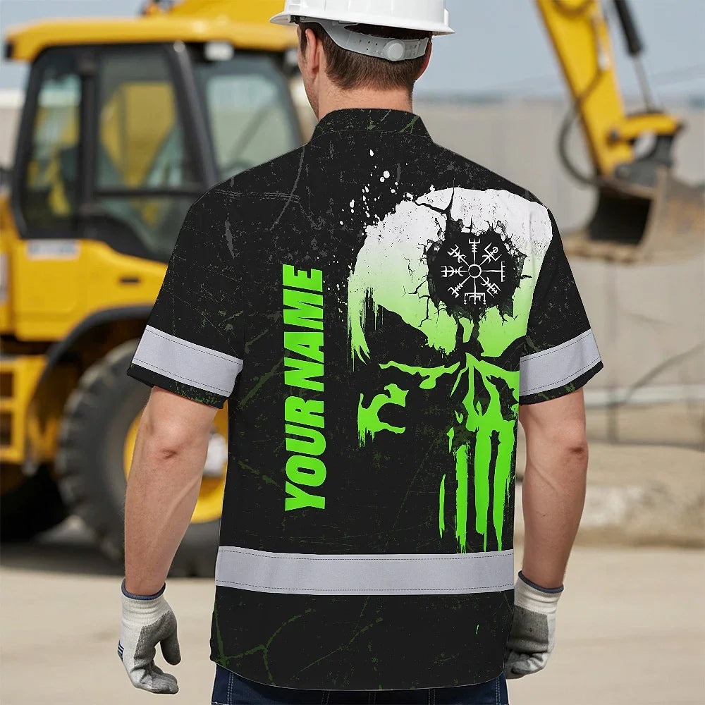 Hi Vis Hawaiian Shirt Reflective Tapes Green Neon Skull Custom Name Safety Workwear For Workers, Truckers, Operators