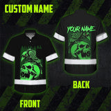 Hi Vis Hawaiian Shirt Reflective Tapes Green Neon Skull Custom Name Safety Workwear For Workers, Truckers, Operators
