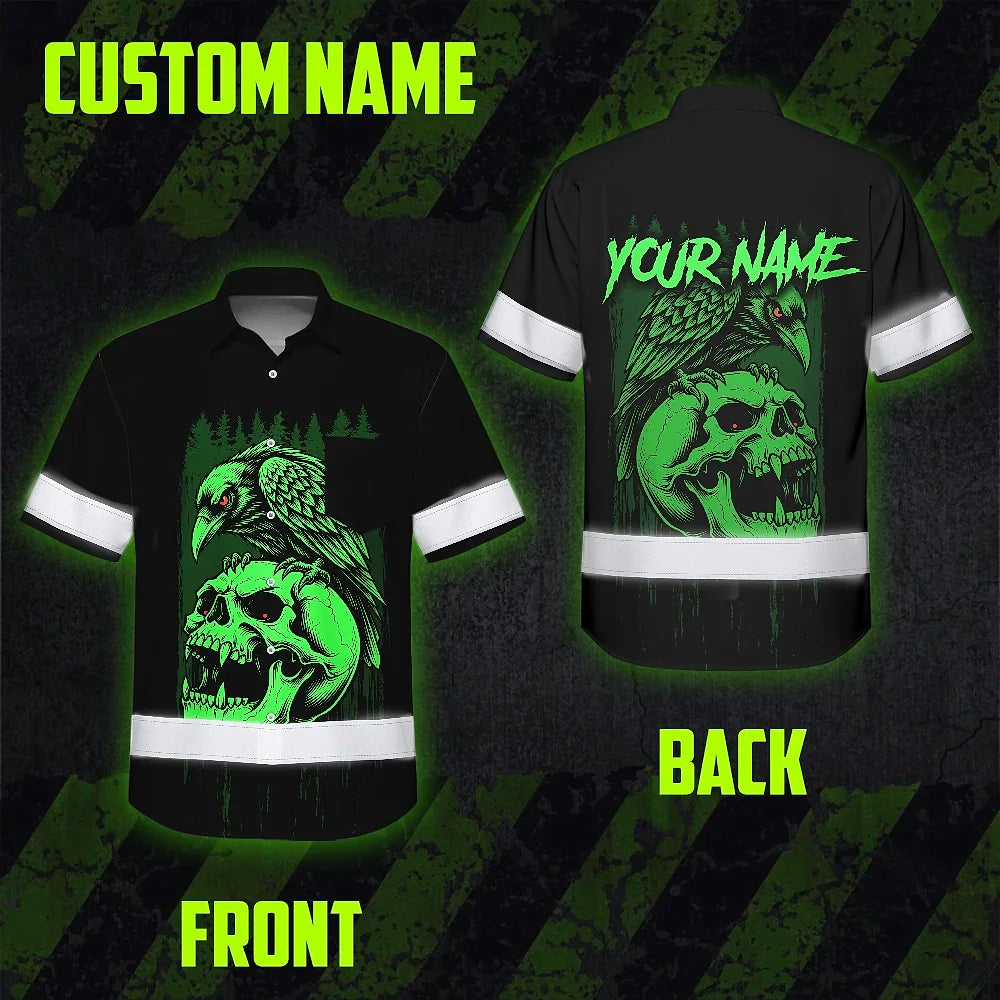 Hi Vis Hawaiian Shirt Reflective Tapes Green Neon Skull Custom Name Safety Workwear For Workers, Truckers, Operators