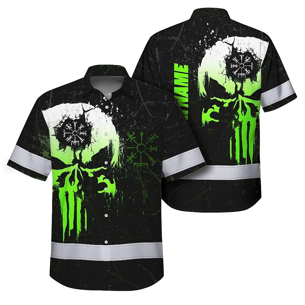Hi Vis Hawaiian Shirt Reflective Tapes Green Neon Skull Custom Name Safety Workwear For Workers, Truckers, Operators