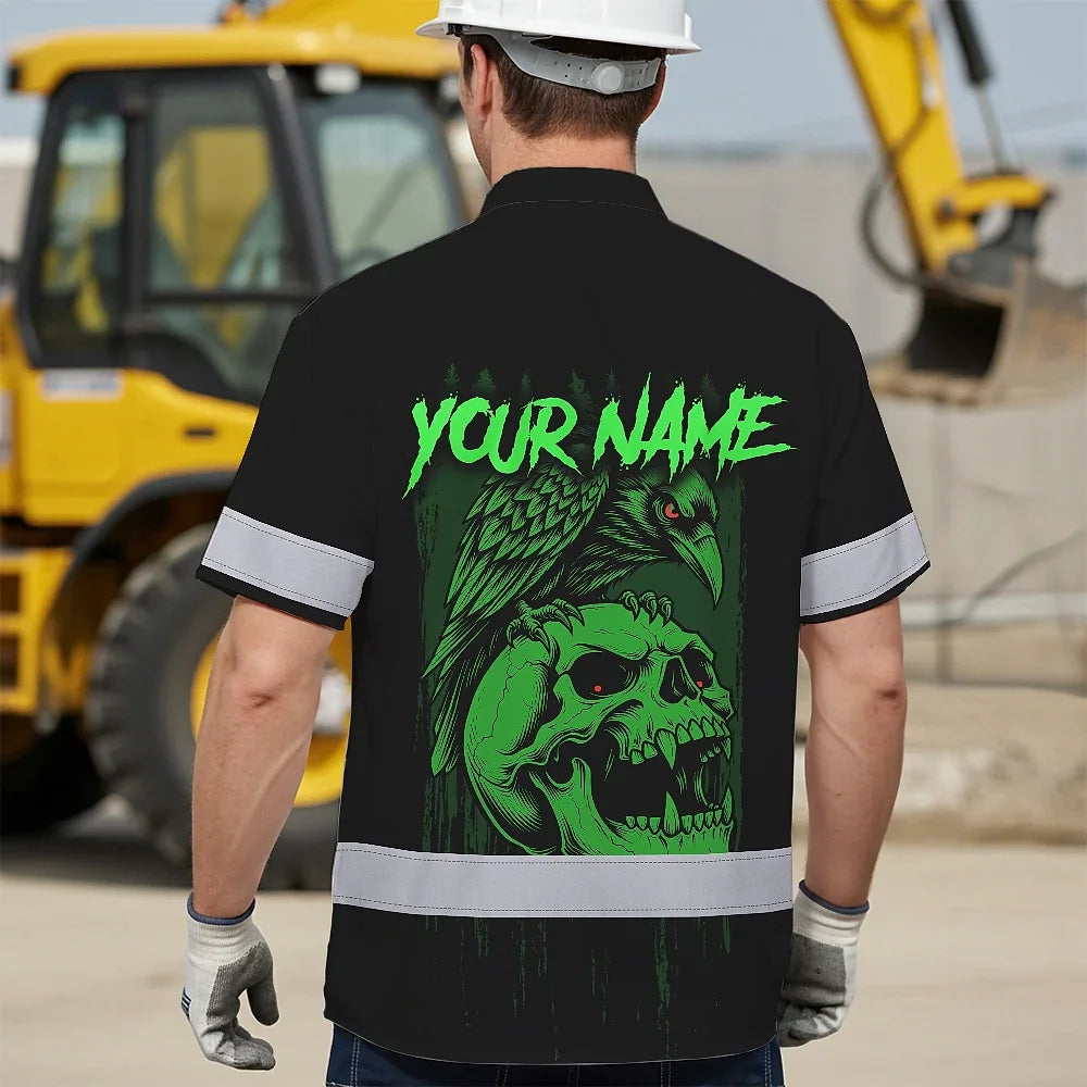 Hi Vis Hawaiian Shirt Reflective Tapes Green Neon Skull Custom Name Safety Workwear For Workers, Truckers, Operators
