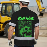 Hi Vis Hawaiian Shirt Reflective Tapes Green Neon Skull Custom Name Safety Workwear For Workers, Truckers, Operators