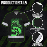 Hi Vis Hawaiian Shirt Reflective Tapes Green Neon Skull Custom Name Safety Workwear For Workers, Truckers, Operators