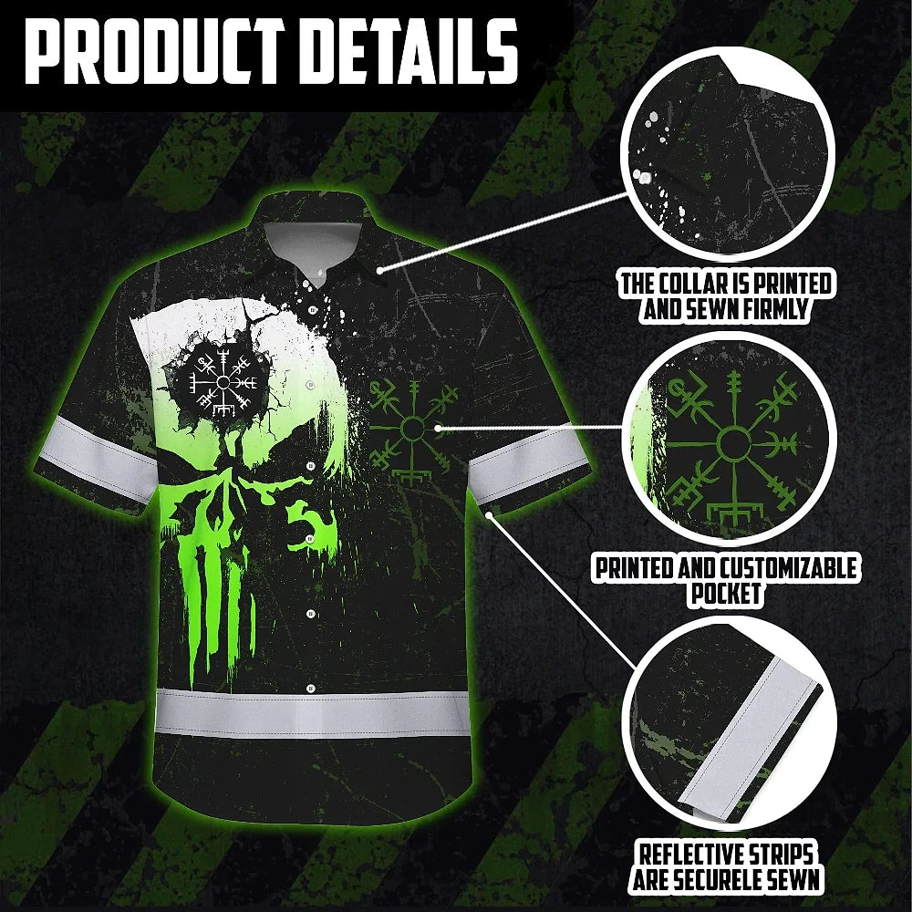 Hi Vis Hawaiian Shirt Reflective Tapes Green Neon Skull Custom Name Safety Workwear For Workers, Truckers, Operators