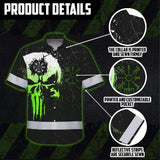 Hi Vis Hawaiian Shirt Reflective Tapes Green Neon Skull Custom Name Safety Workwear For Workers, Truckers, Operators