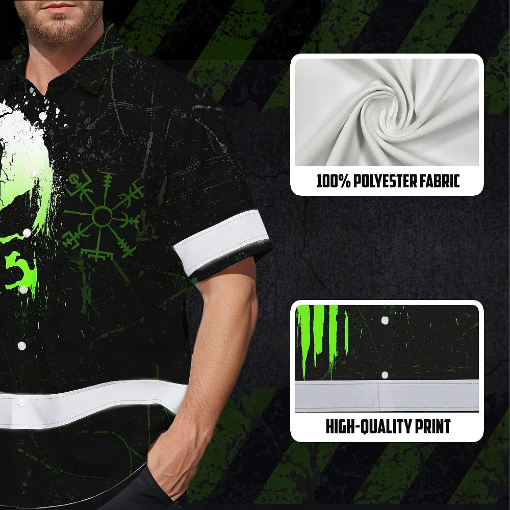 Hi Vis Hawaiian Shirt Reflective Tapes Green Neon Skull Custom Name Safety Workwear For Workers, Truckers, Operators