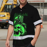 Hi Vis Hawaiian Shirt Reflective Tapes Green Neon Skull Custom Name Safety Workwear For Workers, Truckers, Operators
