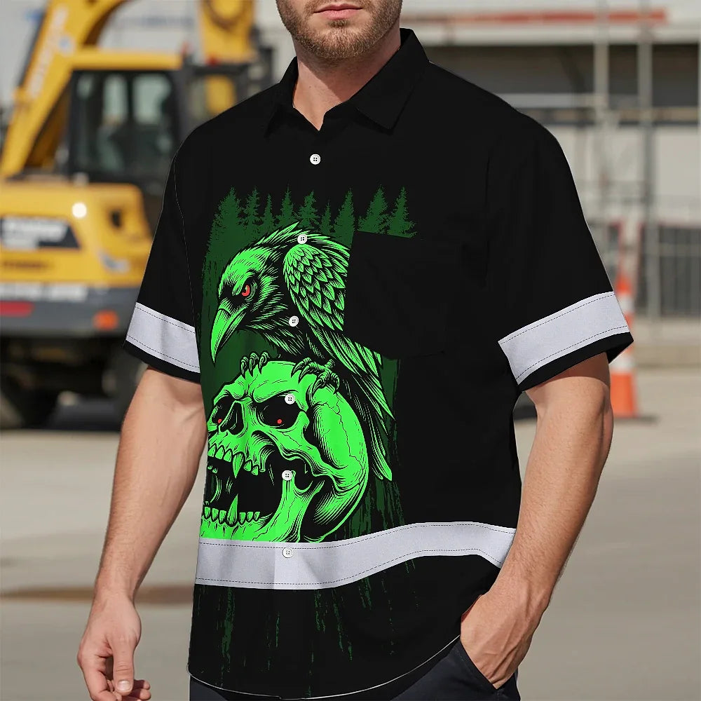 Hi Vis Hawaiian Shirt Reflective Tapes Green Neon Skull Custom Name Safety Workwear For Workers, Truckers, Operators