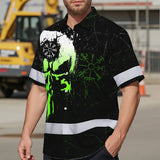 Hi Vis Hawaiian Shirt Reflective Tapes Green Neon Skull Custom Name Safety Workwear For Workers, Truckers, Operators