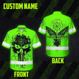 Hi Vis Hawaiian Shirt Reflective Tapes Green Neon Skull Viking Symbol Raven Custom Name For Workers, Runners, Truckers, Skull Lovers
