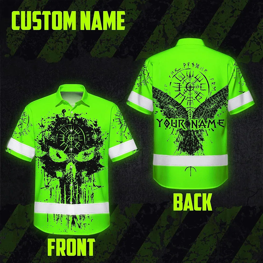 Hi Vis Hawaiian Shirt Reflective Tapes Green Neon Skull Viking Symbol Raven Custom Name For Workers, Runners, Truckers, Skull Lovers