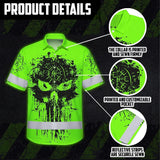 Hi Vis Hawaiian Shirt Reflective Tapes Green Neon Skull Viking Symbol Raven Custom Name For Workers, Runners, Truckers, Skull Lovers