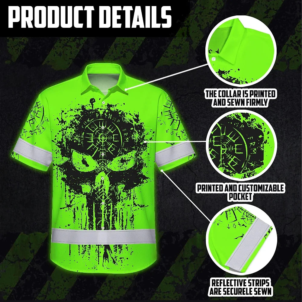 Hi Vis Hawaiian Shirt Reflective Tapes Green Neon Skull Viking Symbol Raven Custom Name For Workers, Runners, Truckers, Skull Lovers