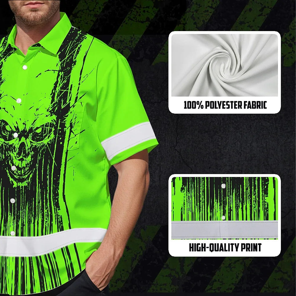 Hi Vis Hawaiian Shirt Reflective Tapes Green Neon Skull Viking Symbol Custom Name Safety Workwear For Workers, Truckers, Operators