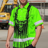 Hi Vis Hawaiian Shirt Reflective Tapes Green Neon Skull Viking Symbol Custom Name Safety Workwear For Workers, Truckers, Operators