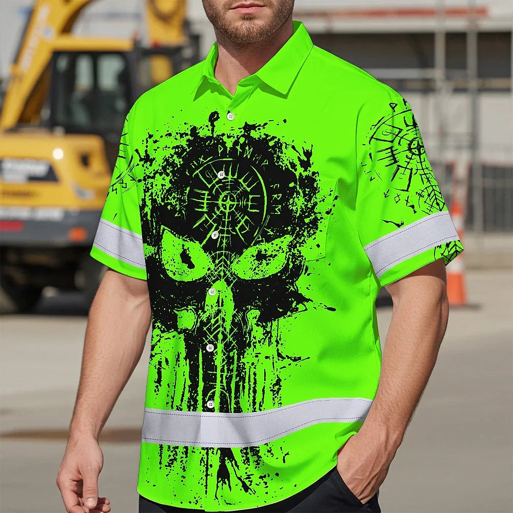 Hi Vis Hawaiian Shirt Reflective Tapes Green Neon Skull Viking Symbol Raven Custom Name For Workers, Runners, Truckers, Skull Lovers