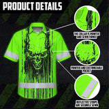 Hi Vis Hawaiian Shirt Reflective Tapes Green Neon Skull Viking Symbol Custom Name Safety Workwear For Workers, Truckers, Operators