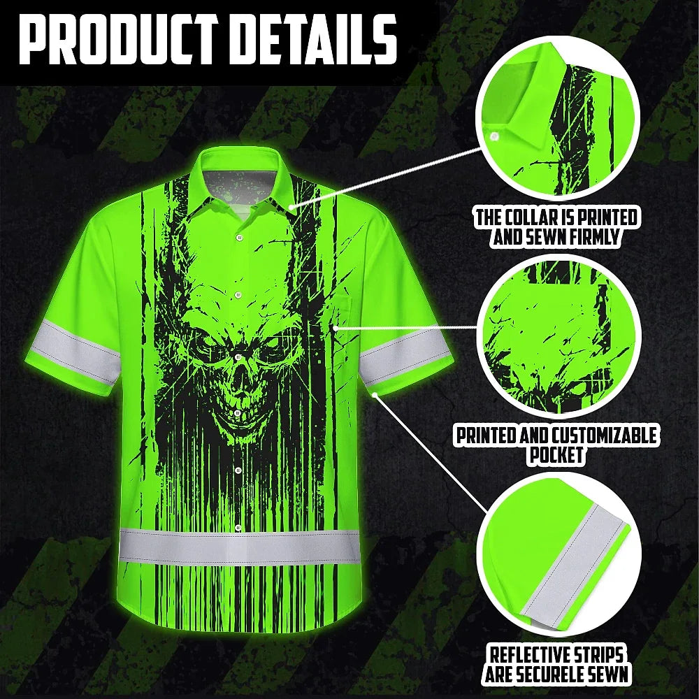 Hi Vis Hawaiian Shirt Reflective Tapes Green Neon Skull Viking Symbol Custom Name Safety Workwear For Workers, Truckers, Operators