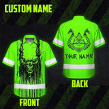 Hi Vis Hawaiian Shirt Reflective Tapes Green Neon Skull Viking Symbol Custom Name Safety Workwear For Workers, Truckers, Operators