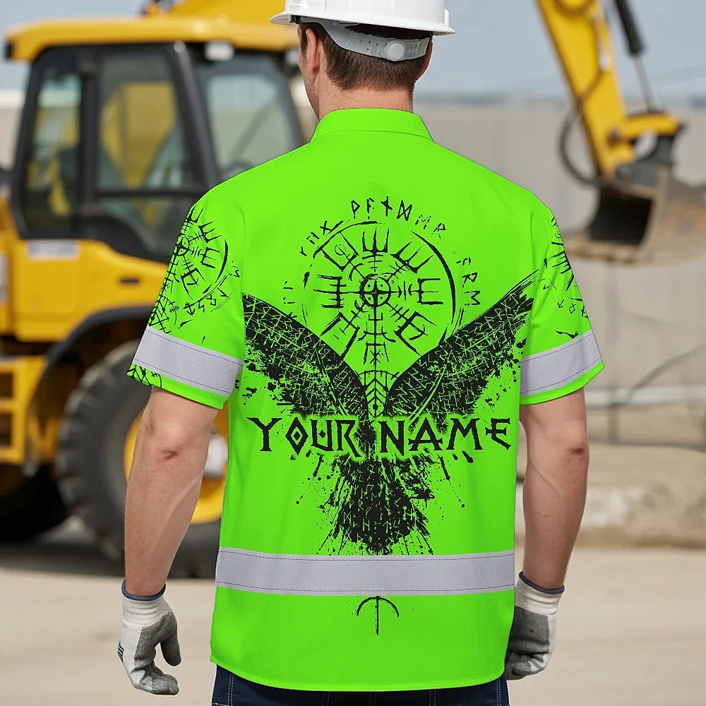 Hi Vis Hawaiian Shirt Reflective Tapes Green Neon Skull Viking Symbol Raven Custom Name For Workers, Runners, Truckers, Skull Lovers