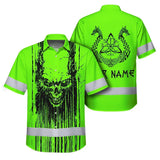 Hi Vis Hawaiian Shirt Reflective Tapes Green Neon Skull Viking Symbol Custom Name Safety Workwear For Workers, Truckers, Operators