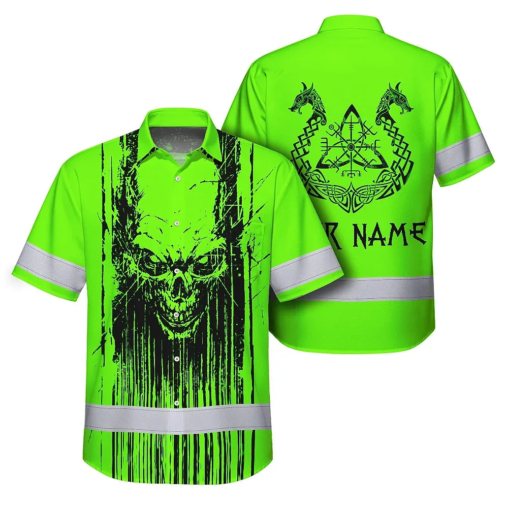 Hi Vis Hawaiian Shirt Reflective Tapes Green Neon Skull Viking Symbol Custom Name Safety Workwear For Workers, Truckers, Operators