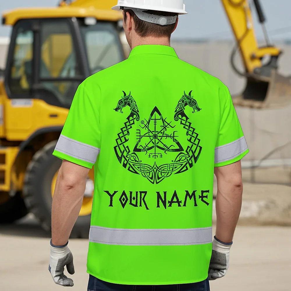 Hi Vis Hawaiian Shirt Reflective Tapes Green Neon Skull Viking Symbol Custom Name Safety Workwear For Workers, Truckers, Operators
