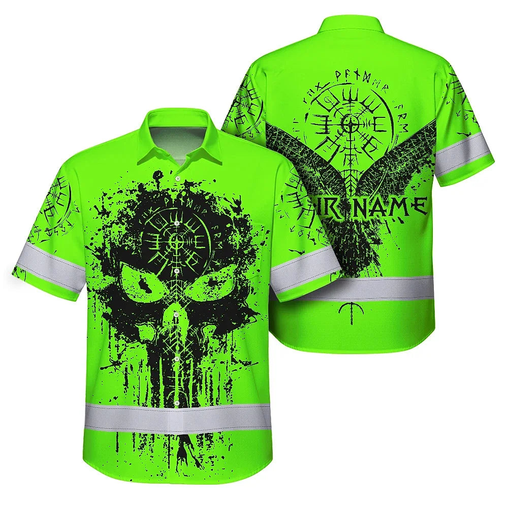 Hi Vis Hawaiian Shirt Reflective Tapes Green Neon Skull Viking Symbol Raven Custom Name For Workers, Runners, Truckers, Skull Lovers