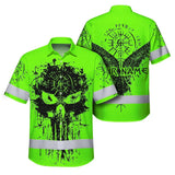 Hi Vis Hawaiian Shirt Reflective Tapes Green Neon Skull Viking Symbol Raven Custom Name For Workers, Runners, Truckers, Skull Lovers