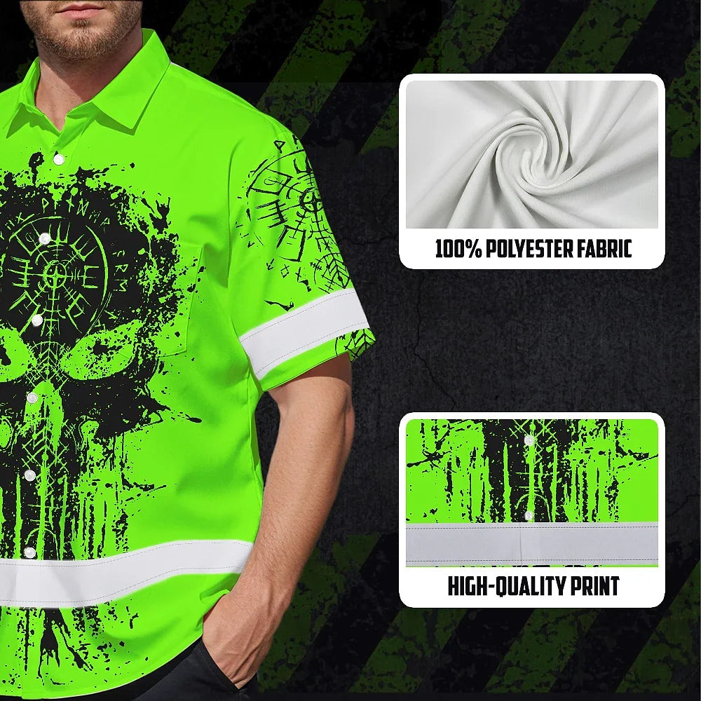 Hi Vis Hawaiian Shirt Reflective Tapes Green Neon Skull Viking Symbol Raven Custom Name For Workers, Runners, Truckers, Skull Lovers
