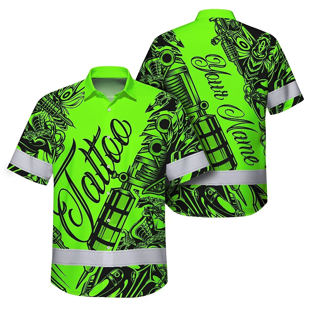 Hi Vis Hawaiian Shirt Reflective Tapes Green Neon Tattoo Custom Name Safety