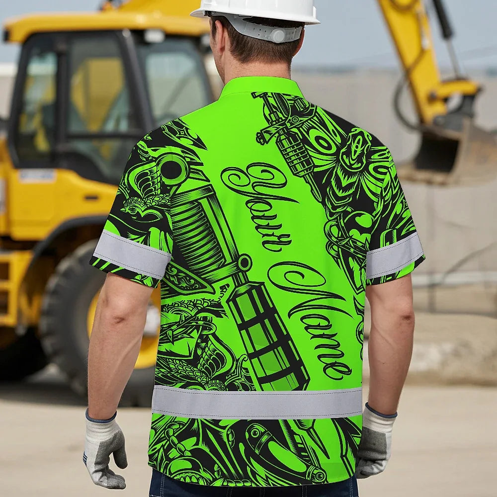 Hi Vis Hawaiian Shirt Reflective Tapes Green Neon Tattoo Custom Name Safety
