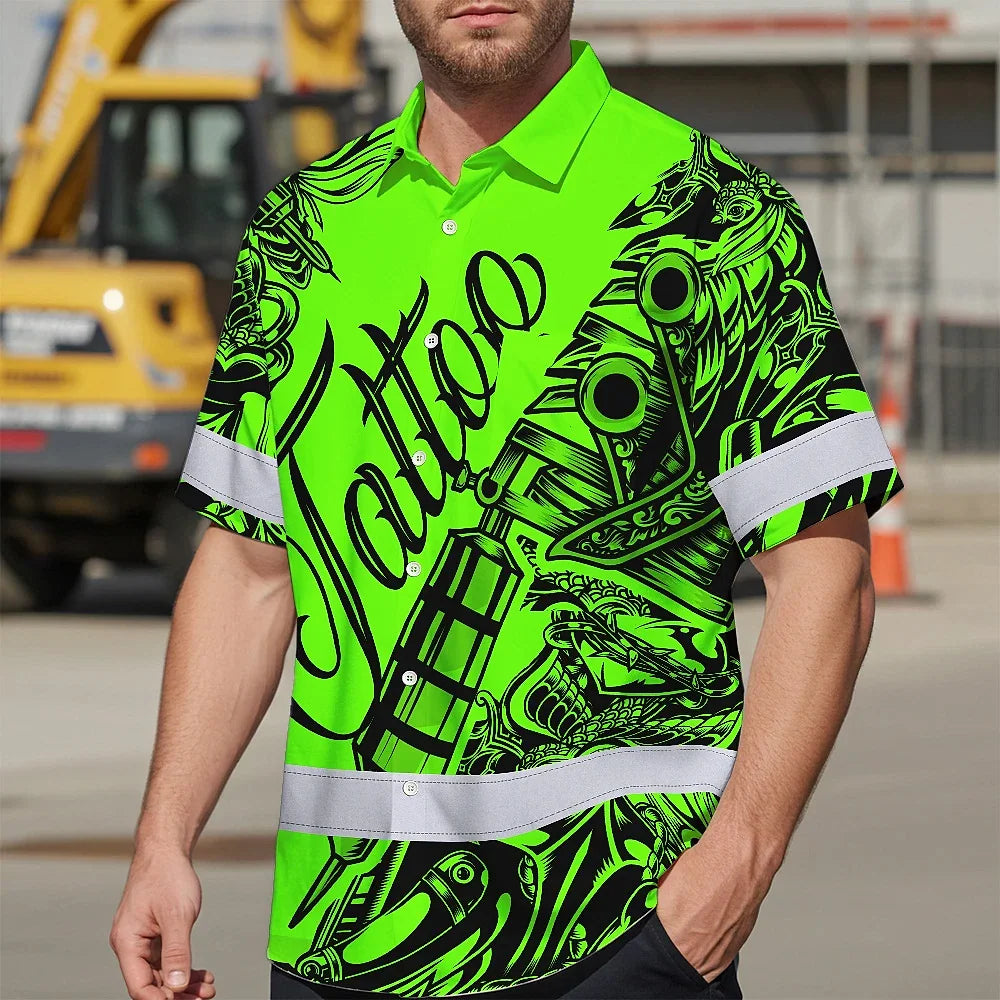 Hi Vis Hawaiian Shirt Reflective Tapes Green Neon Tattoo Custom Name Safety