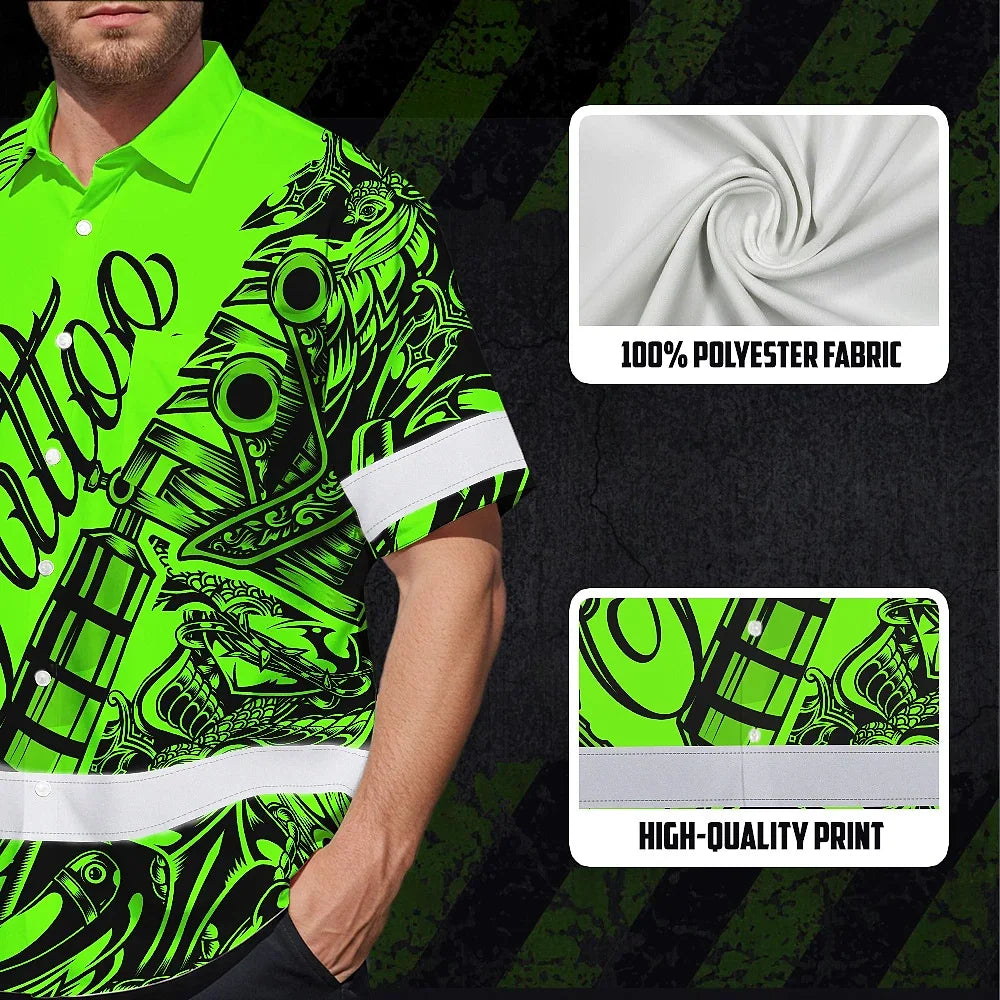 Hi Vis Hawaiian Shirt Reflective Tapes Green Neon Tattoo Custom Name Safety