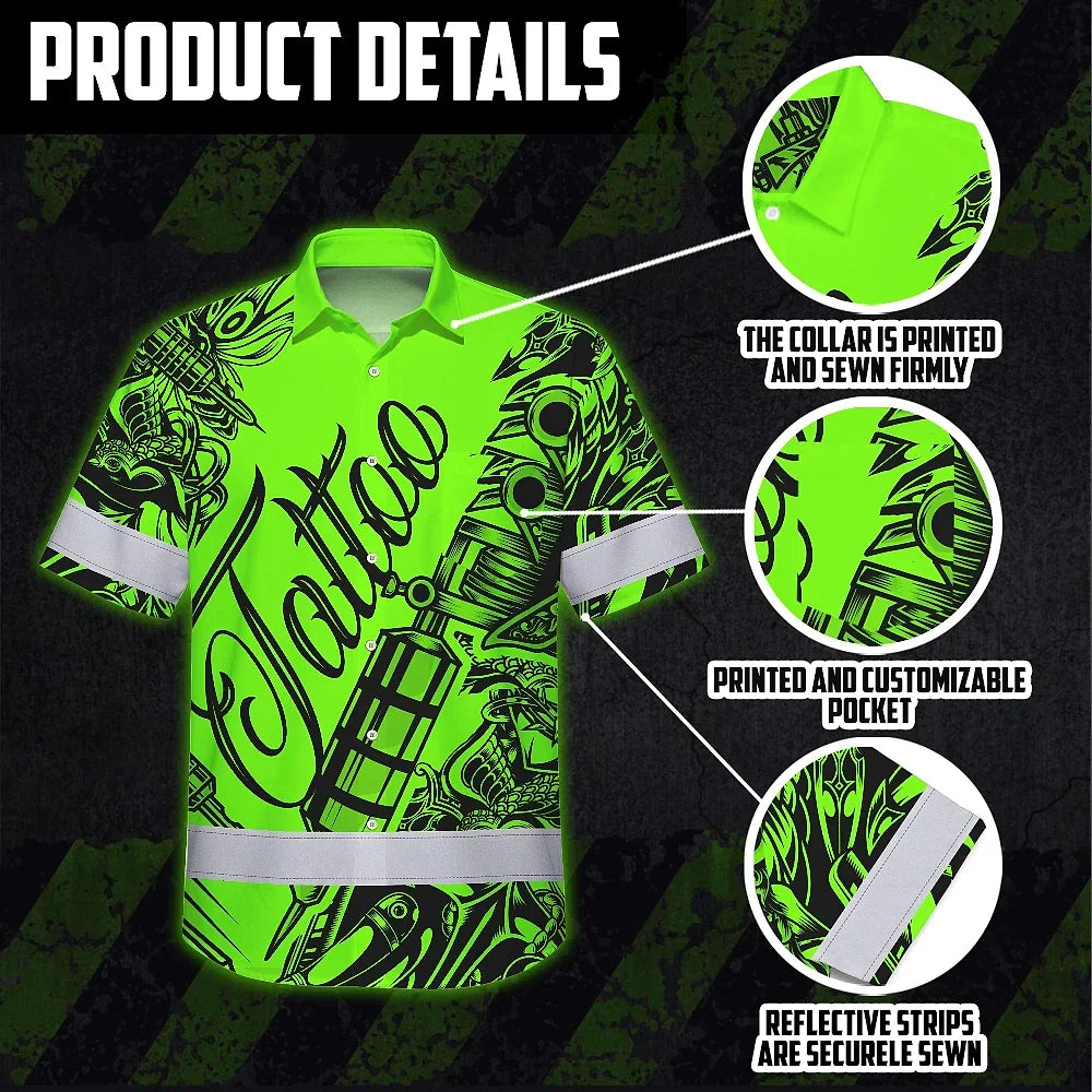Hi Vis Hawaiian Shirt Reflective Tapes Green Neon Tattoo Custom Name Safety