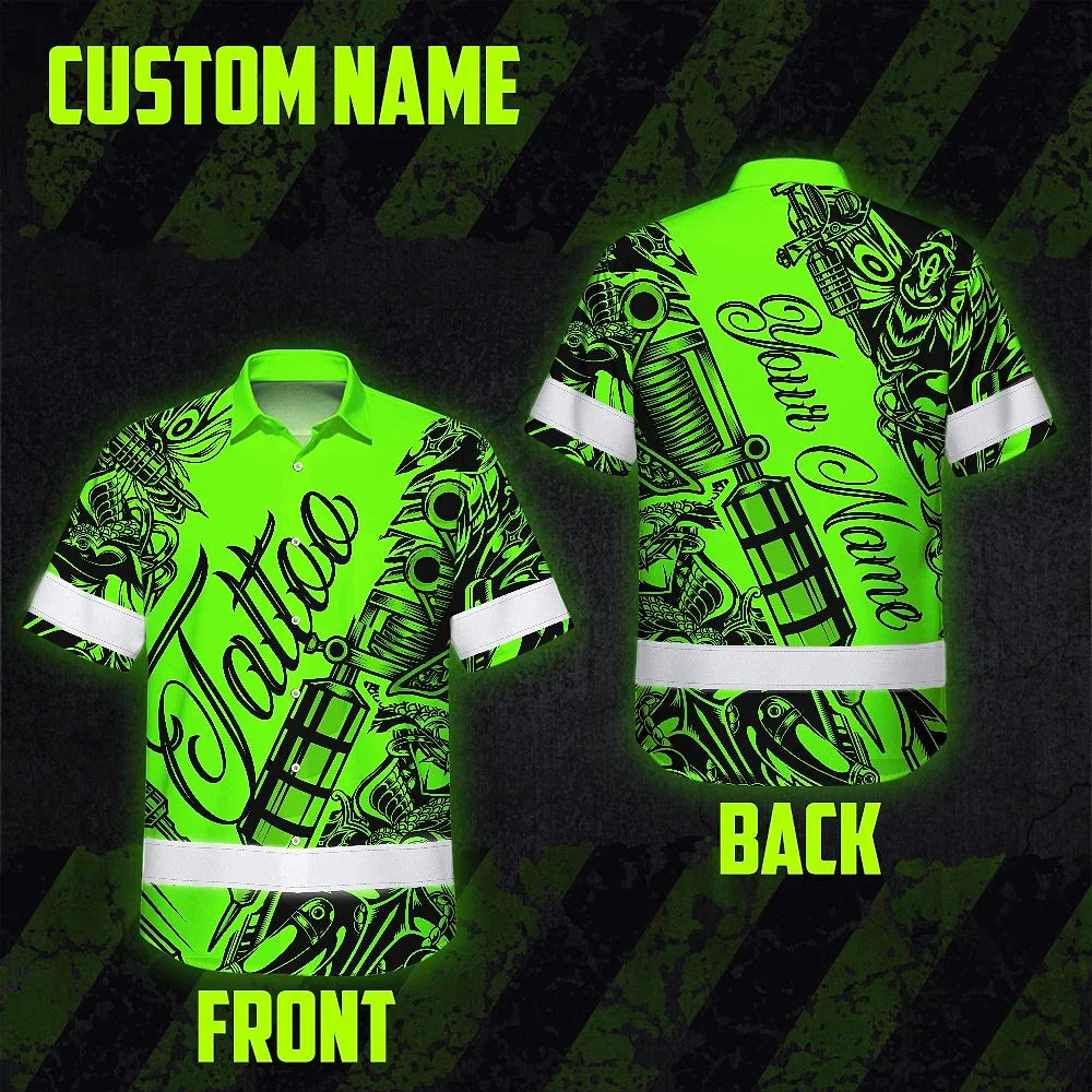 Hi Vis Hawaiian Shirt Reflective Tapes Green Neon Tattoo Custom Name Safety