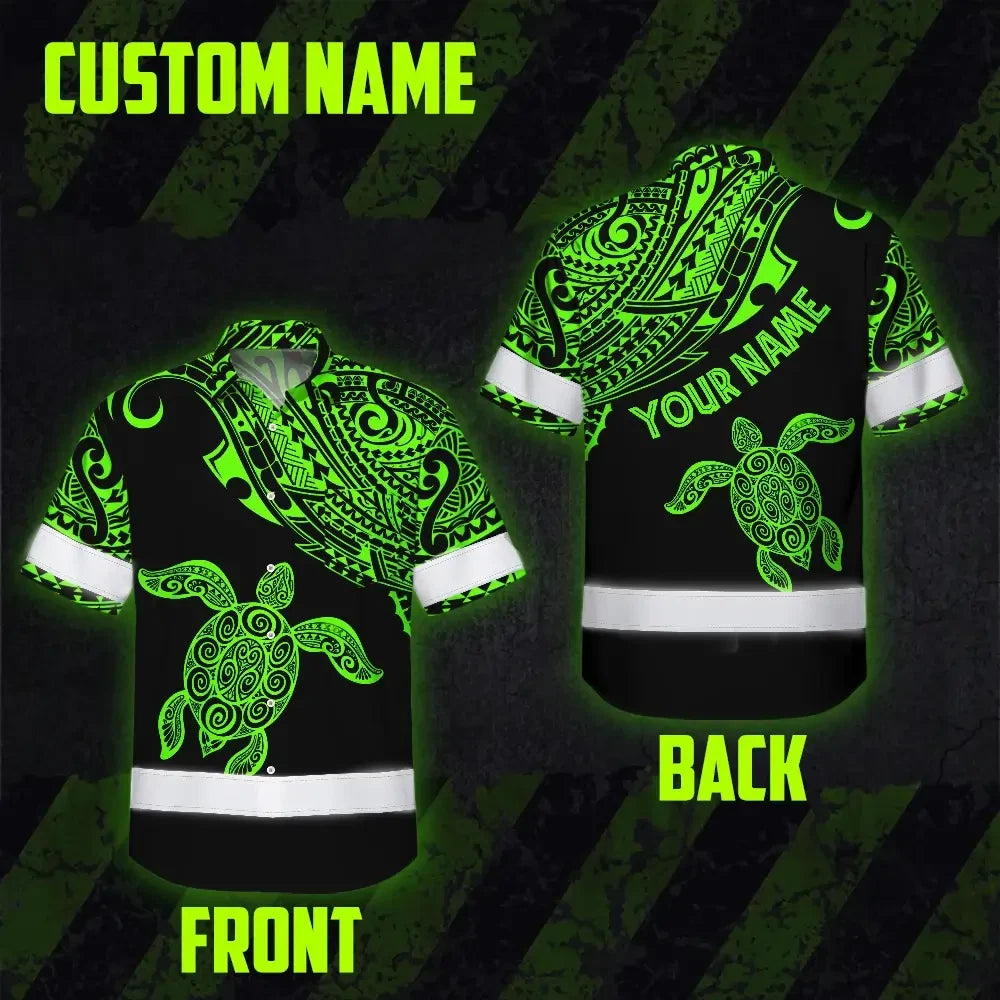 Hi Vis Hawaiian Shirt Reflective Tapes Green Neon Turtle Hawaii Custom Name