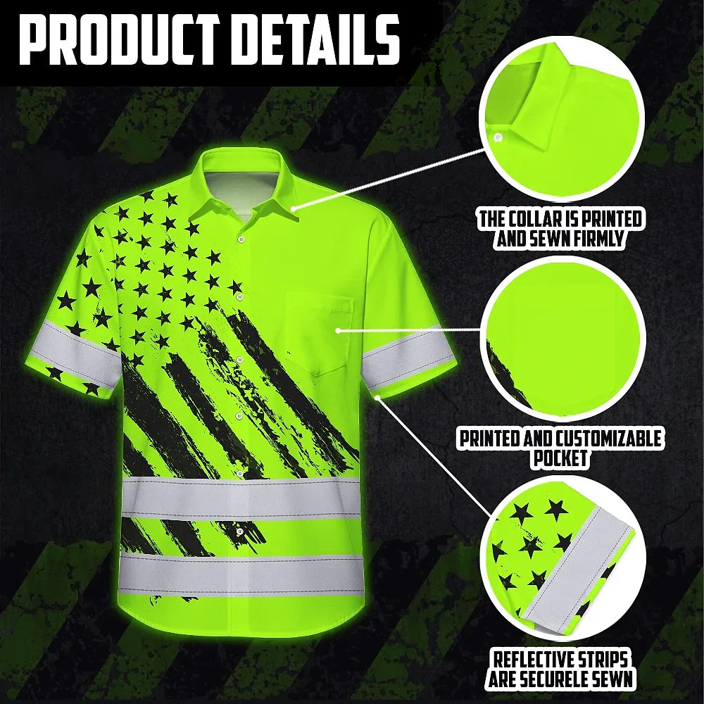 Hi Vis Hawaiian Shirt Reflective Tapes Green Neon US Flag 2 Custom Name