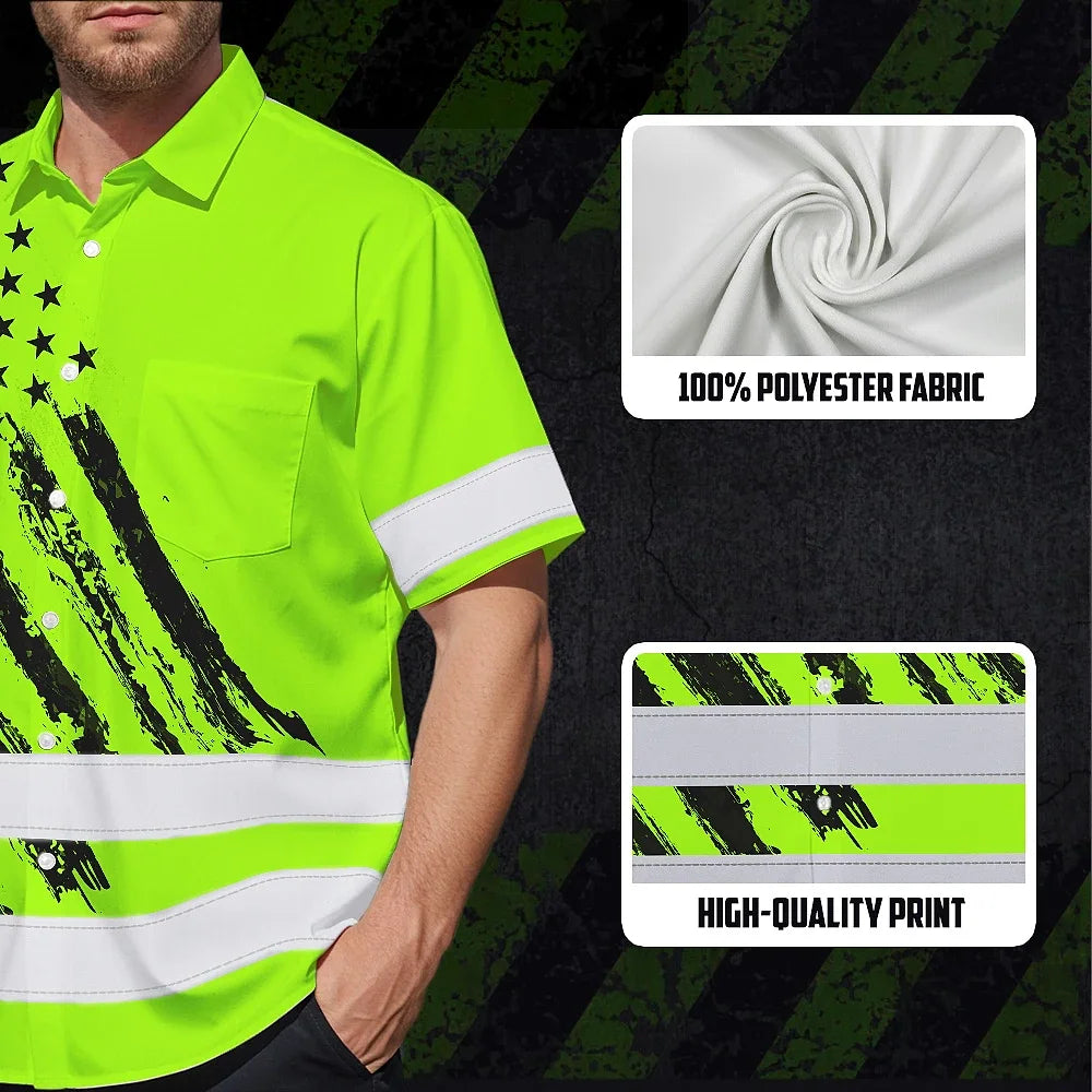 Hi Vis Hawaiian Shirt Reflective Tapes Green Neon US Flag 2 Custom Name