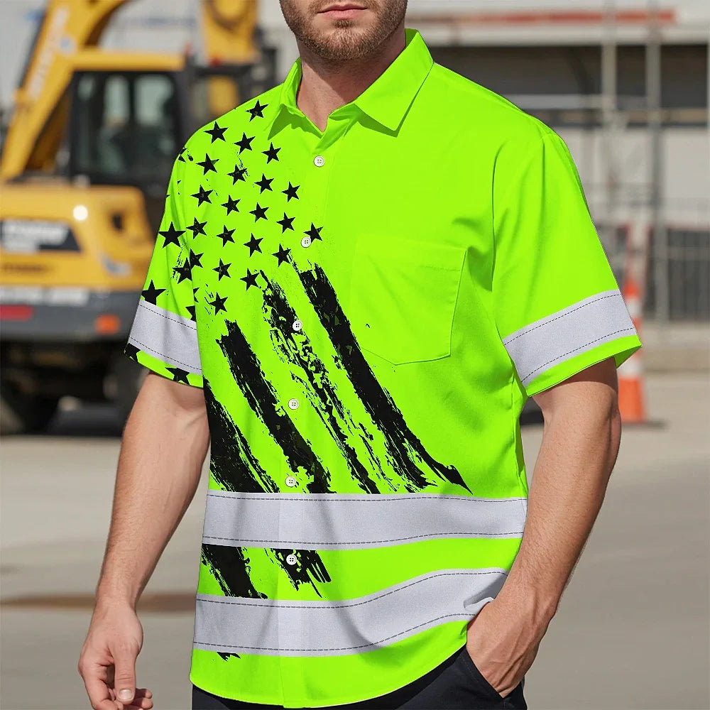 Hi Vis Hawaiian Shirt Reflective Tapes Green Neon US Flag 2 Custom Name