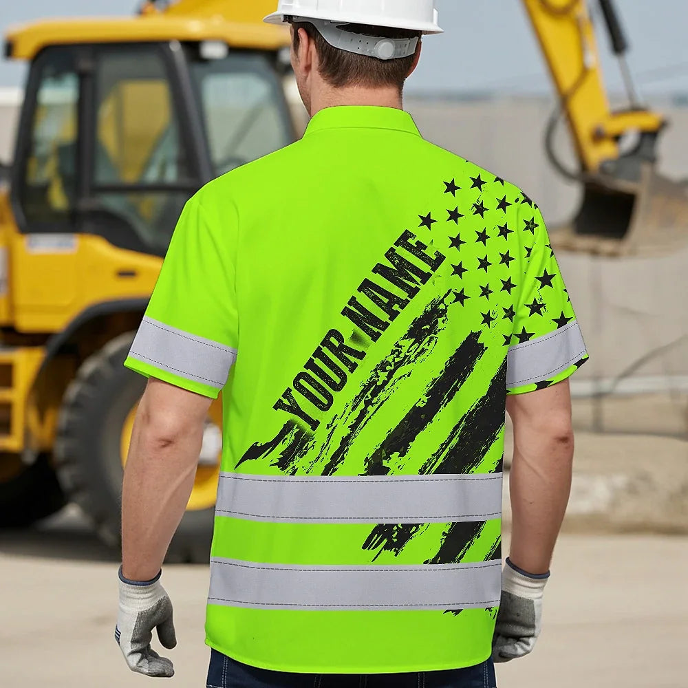 Hi Vis Hawaiian Shirt Reflective Tapes Green Neon US Flag 2 Custom Name