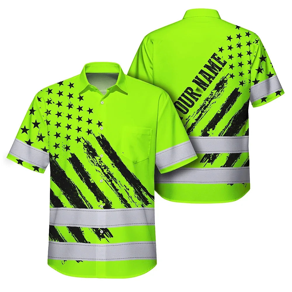 Hi Vis Hawaiian Shirt Reflective Tapes Green Neon US Flag 2 Custom Name