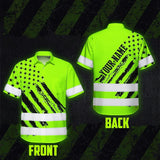 Hi Vis Hawaiian Shirt Reflective Tapes Green Neon US Flag 2 Custom Name