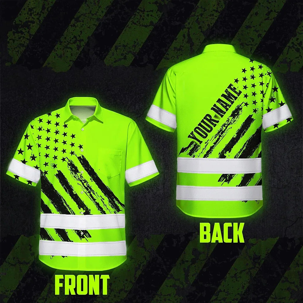 Hi Vis Hawaiian Shirt Reflective Tapes Green Neon US Flag 2 Custom Name