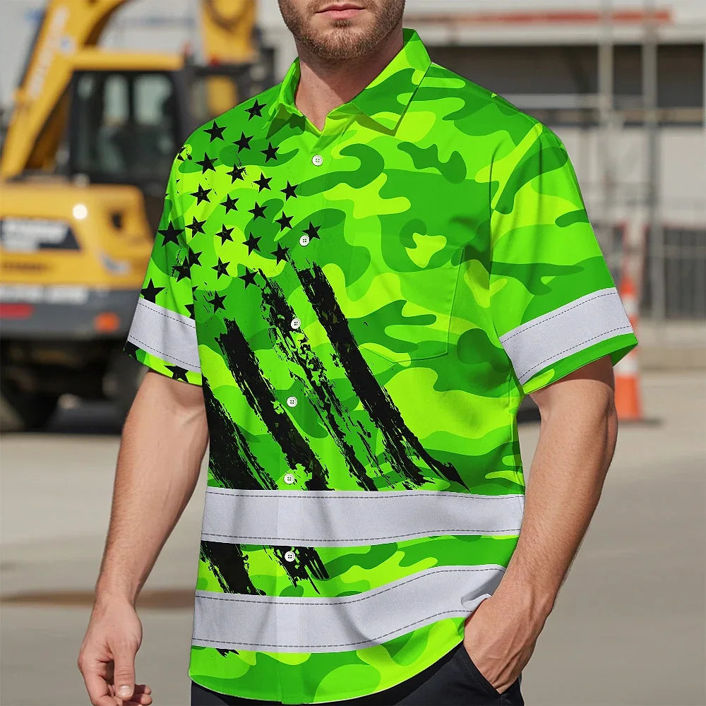 Hi Vis Hawaiian Shirt Reflective Tapes Green Neon US Flag Custom Name