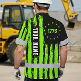 Hi Vis Hawaiian Shirt Reflective Tapes Green Neon US Flag Custom Name Safety Workwear For Workers, Truckers, Operators, Independence