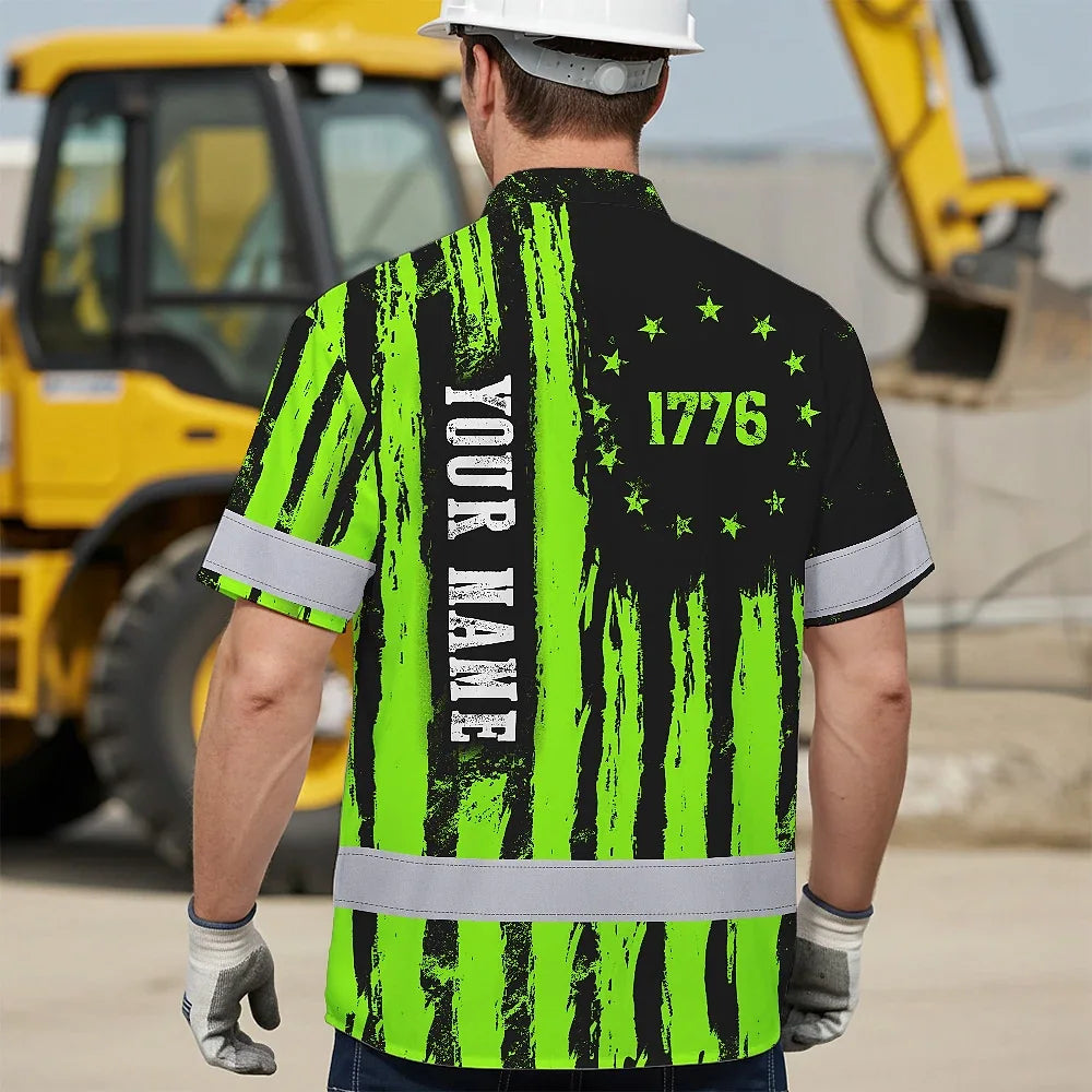 Hi Vis Hawaiian Shirt Reflective Tapes Green Neon US Flag Custom Name Safety Workwear For Workers, Truckers, Operators, Independence