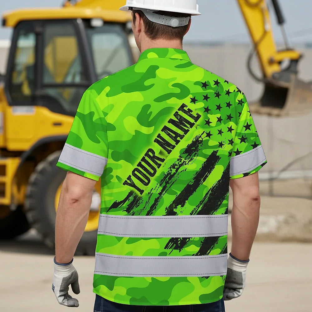 Hi Vis Hawaiian Shirt Reflective Tapes Green Neon US Flag Custom Name