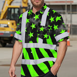 Hi Vis Hawaiian Shirt Reflective Tapes Green Neon US Flag Custom Name Safety Workwear For Workers, Truckers, Operators