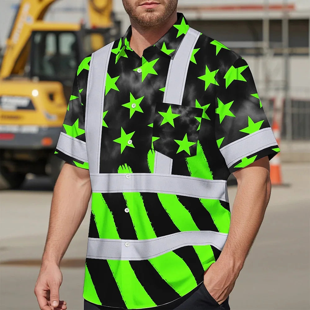 Hi Vis Hawaiian Shirt Reflective Tapes Green Neon US Flag Custom Name Safety Workwear For Workers, Truckers, Operators